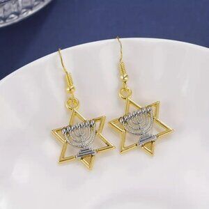 Jewish Star of David Menorah Earrings Two-tone